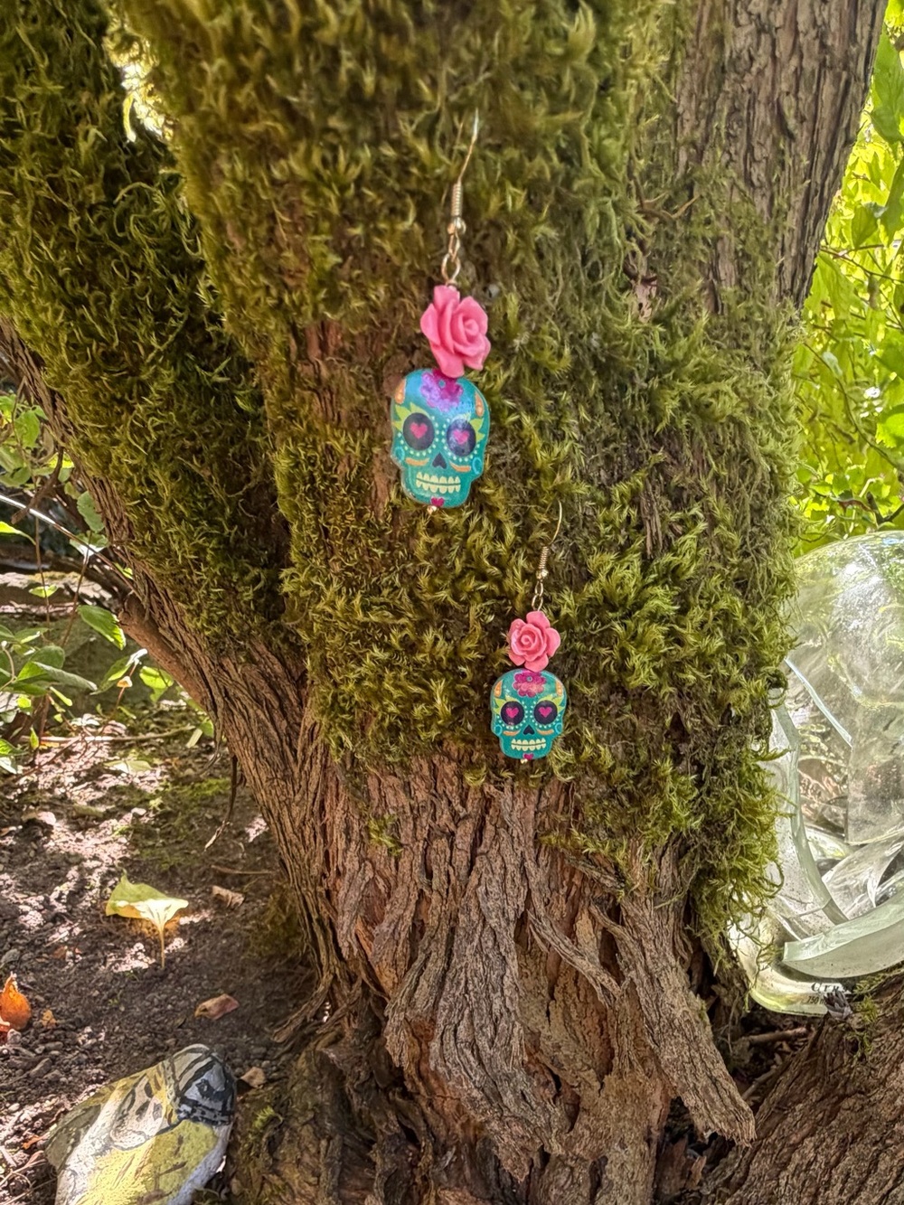 Sugar Skull Dangle Earrings with Pink Rose